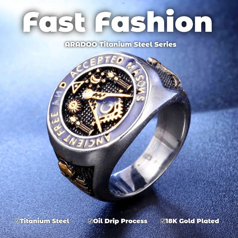 Titanium Steel Masonic Totem Ring – Vintage Stainless Steel Freemasonry Casting