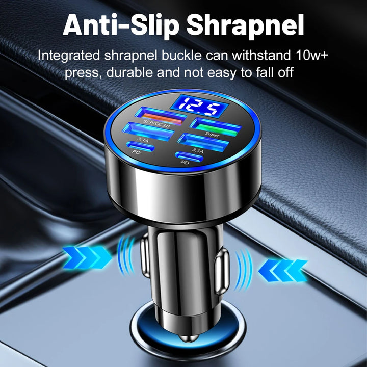 100W 6-Port Fast Charging Car Charger – PD & QC 3.0 USB-C Adapter