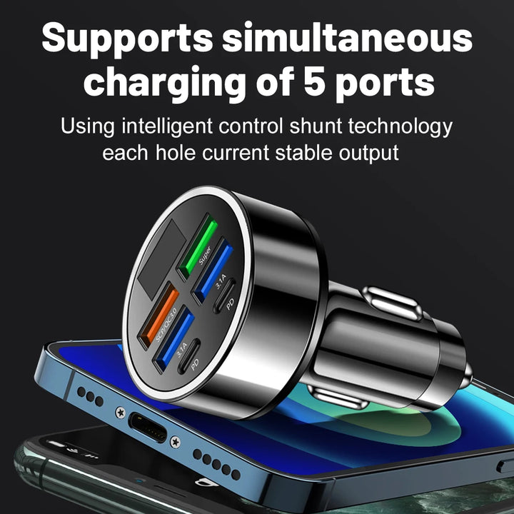 100W 6-Port Fast Charging Car Charger – PD & QC 3.0 USB-C Adapter