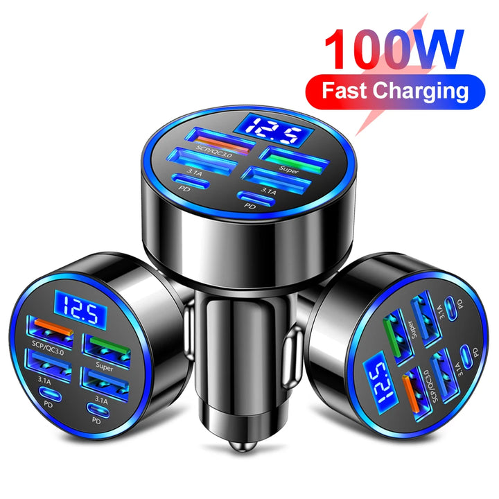 100W 6-Port Fast Charging Car Charger – PD & QC 3.0 USB-C Adapter